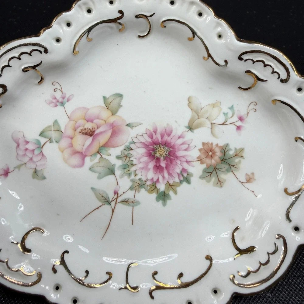 Aquincum Budapest Porcelain Trinket Dish Floral Gold Gilt Reticulated 5 Inch
